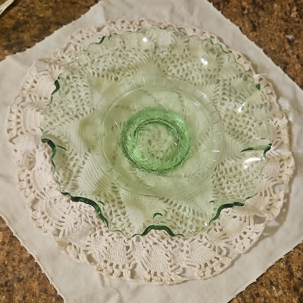 1875 Green Urainium Glass 10" Ruffled Bowl Little Flowers Pattern